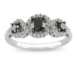 1 Carat Three Stone Trilogy Black Diamond Engagement Ring in White Gold