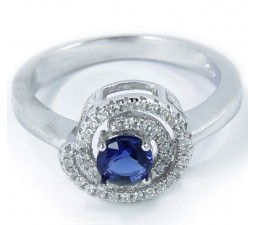 Circle Shape Engagement Ring with 1 Carat Created Blue Sapphire in 18k Gold over Silver
