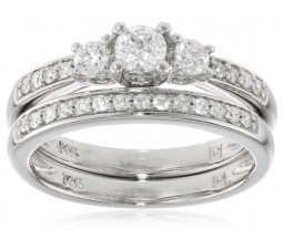 Antique 1 Carat Three Stone Round Diamond Wedding Ring Bridal Set in White Gold