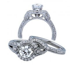 Antique 1 Carat Halo Diamond Bridal Set in 14k White Gold
