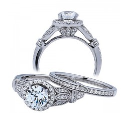 1 Carat Round Antique Wedding Ring Set for Her in 14k White Gold