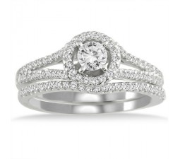 1 Carat Round Cut Diamond Wedding Ring Set for Her 10K White Gold