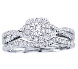 1 Carat Round Cut Diamond Perfect Halo Bridal Ring Set 10K White Gold