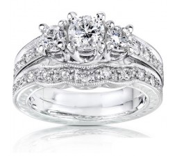1 Carat Round Cut Diamond Three Stone Round Diamond Wedding Ring Set 10K White Gold