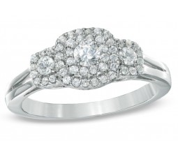 Three Stone Round Halo Diamond Engagement Ring for Her in White Gold