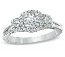 Three Stone Round Halo Diamond Engagement Ring for Her in White Gold