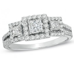 1 Carat Three Stone Princess Halo Diamond Engagement Ring