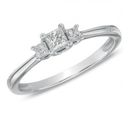 Inexpensive Three Stone Princess Diamond Engagement Ring on Sale in White Gold