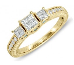 1 Carat Princess three stone Antique Design Engagement Ring in Yellow Gold