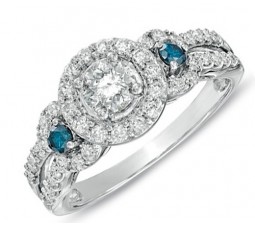 Antique 1 Carat Round Diamond and Blue Sapphire Engagement Ring in White Gold
