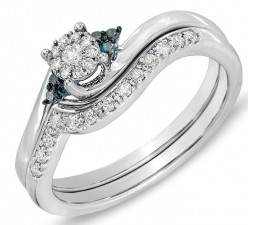 Inexpensive Half Carat Round Diamond and Sapphire Halo Wedding Set