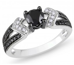 1 Carat Round Cut  Antique Black and White Diamond Engagement Ring 10K White Gold