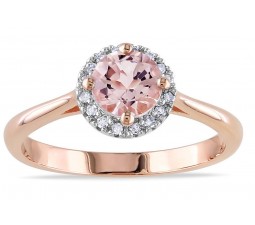 Beautiful 1.20 Carat Round Morganite and Diamond Halo Engagement Ring in Rose Gold