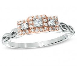 1 Carat Three Stone Princess Halo Engagement Ring in White and Rose Gold