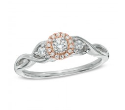 1 Carat Three Stone Round Halo Diamond Engagement Ring in White and Rose Gold