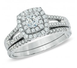Beautiful 1 Carat Round Twin Halo Wedding Ring Set in White Gold