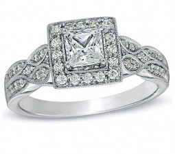 1 Carat Princess cut  Twin Row Halo Engagement Ring 10K White Gold