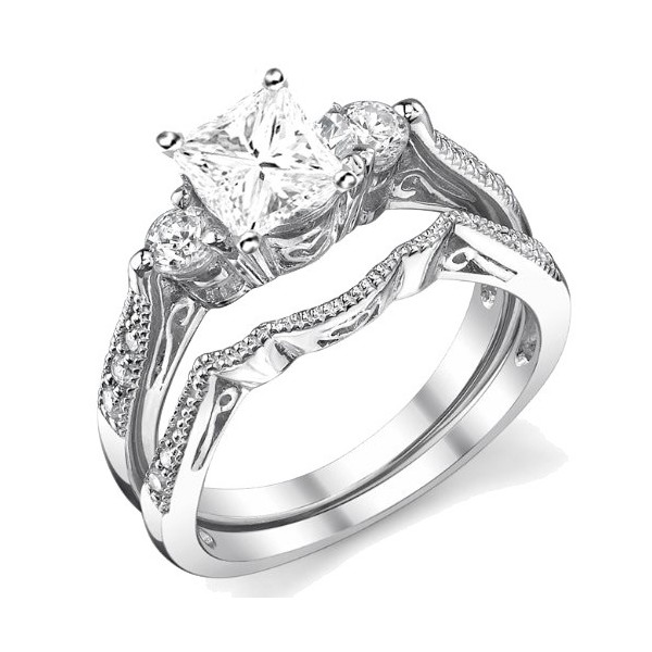 White Gold Bridal Ring Set Engagement Set Vintage Filigree Milgrain We