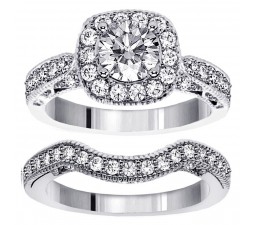 1 Carat Antique Round Engraved Wedding Ring Set in White Gold