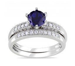 Inexpensive 1 Carat Sapphire and Diamond Wedding Set for Her