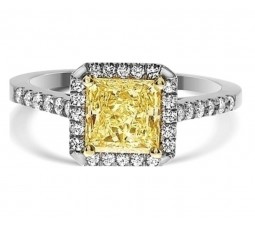 1 Carat Light Fancy Yellow Halo Engagement Ring in 14k White Gold