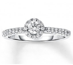 Affordable Half Carat Round Halo Diamond Engagement Ring in White Gold