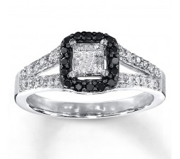 1 Carat Beautiful Princess Halo White and Black Diamond Engagement Ring