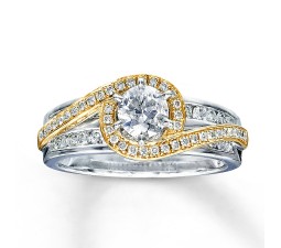 Designer White and Yellow Gold Round Diamond Engagemen Wedding Ring