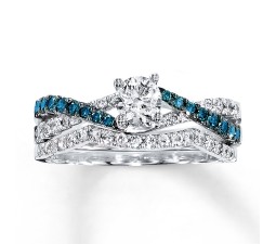 1 Carat Luxurious Round White and Blue Diamond Bridal Ring Set