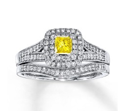 Fancy Yellow 1 Carat Princess Halo Bridal Ring Set in White Gold