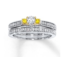 Unqiue 1 Carat Trilogy White and Yellow Diamond Wedding Ring Set