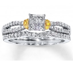 1 Carat Princess White and Yellow Diamond Bridal Ring Set for Her