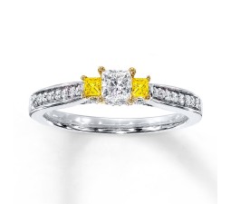 1 Carat Trilogy Princess White and Yellow Diamond Engagement Ring in White Gold