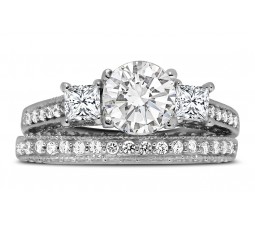 2 Carat Round and Princess Diamond Wedding Ring Set in White Gold