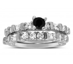 1 Carat Black and White Round Diamond Wedding Ring Set in White Gold