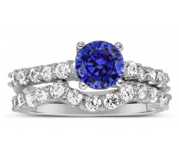 2 Carat Vintage Round cut Blue Sapphire and Diamond Wedding Ring Set in White Gold