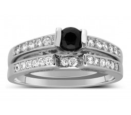 1 Carat Unique Black and White Round Diamond Wedding Ring Set in White Gold