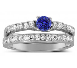 1.50 Carat Vintage Round cut Blue Sapphire and Diamond Wedding Ring Set in White Gold