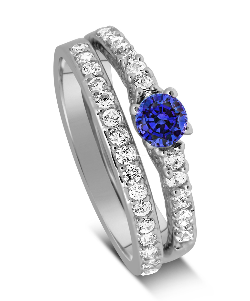 1.50 Carat Vintage Round cut Blue Sapphire and Diamond Wedding Ring Set in White Gold JeenJewels