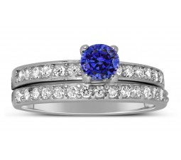 1.50 Carat Vintage Round cut Blue Sapphire and Diamond Wedding Ring Set in White Gold