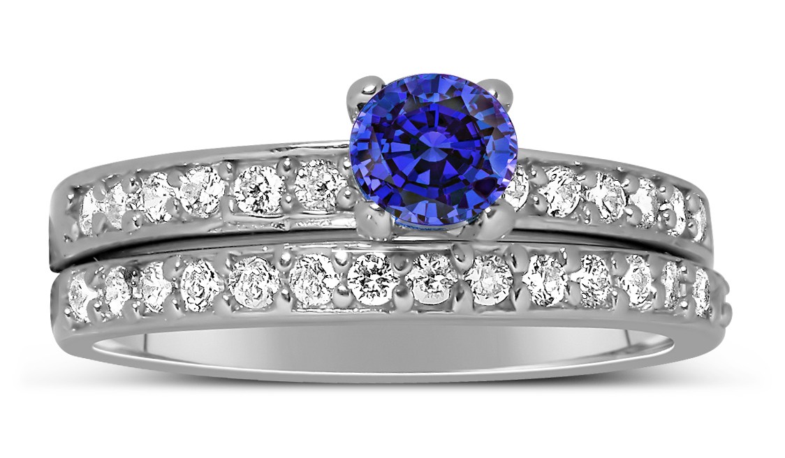 1.50 Carat Vintage Round cut Blue Sapphire and Diamond Wedding Ring Set ...