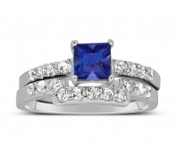 Luxurious 2 Carat Princess cut blue sapphire and White Diamond Wedding Ring Set