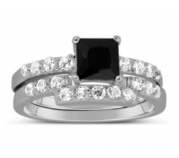 Luxurious 1.50 Carat Princess cut Black and White Diamond Wedding Ring Set