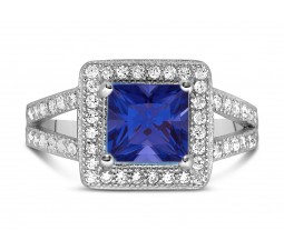 Designer 2 Carat Princess cut Blue Sapphire and Diamond Halo Engagement Ring in White Gold