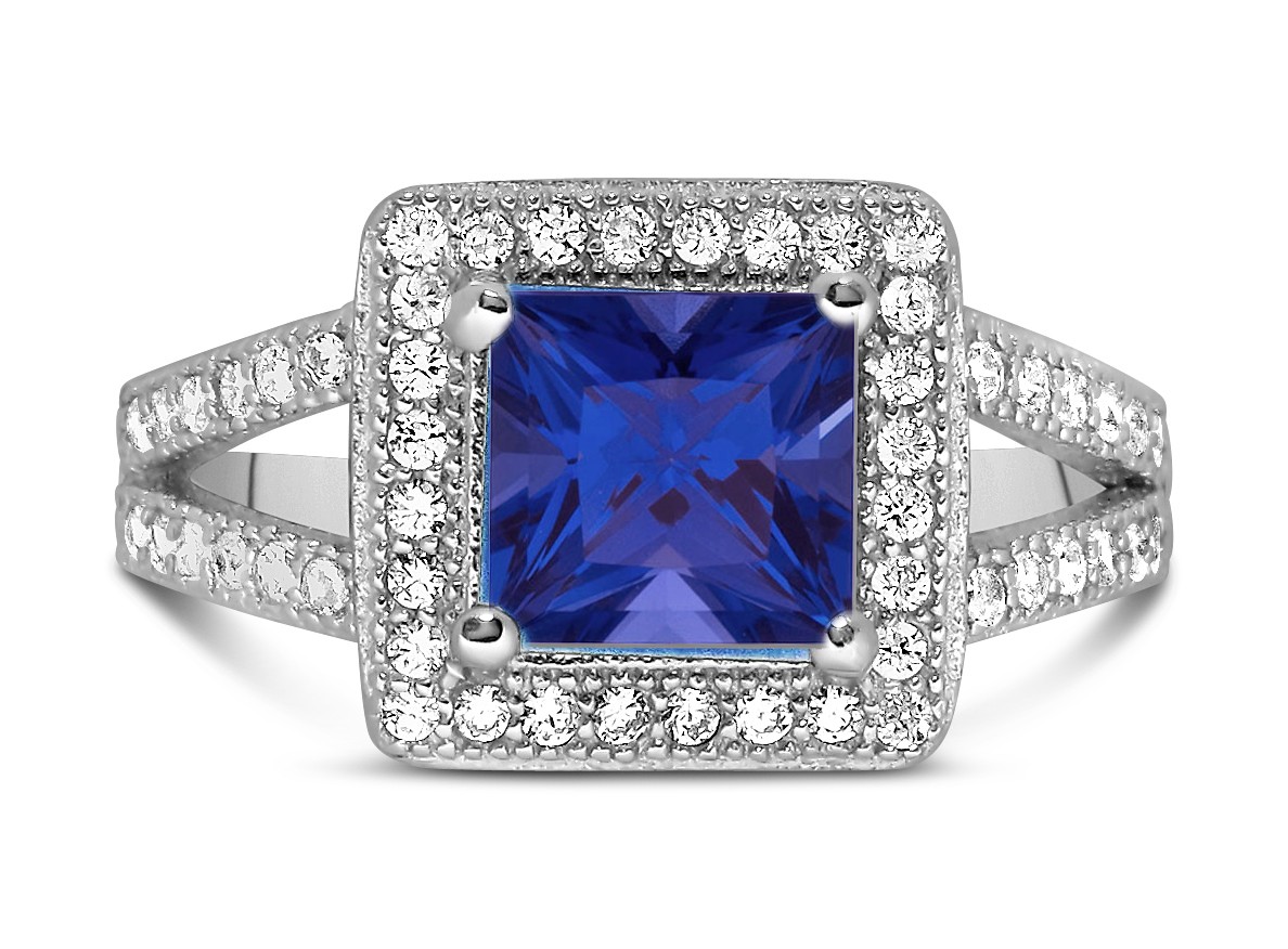 Designer 2 Carat Princess cut Blue Sapphire and Diamond Halo Engagement ...