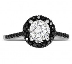 Perfect Half Carat Black and White Round Diamond Halo Engagement Ring in White Gold