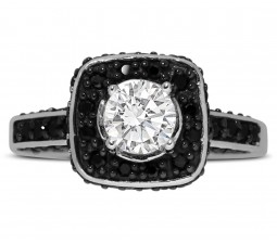 1 Carat Round White and Black Diamond Halo Engagement Ring in White Gold