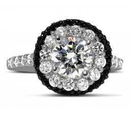 Luxurious 1 Carat Black and White Round Diamond Halo Engagement Ring in White Gold