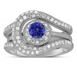 Unique and Luxurious, 2 Carat Designer Sapphire and Diamond Wedding Ring Set in White Gold