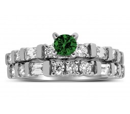 Romantic 1 Carat Emerald and Diamond Wedding Ring Set in White Gold